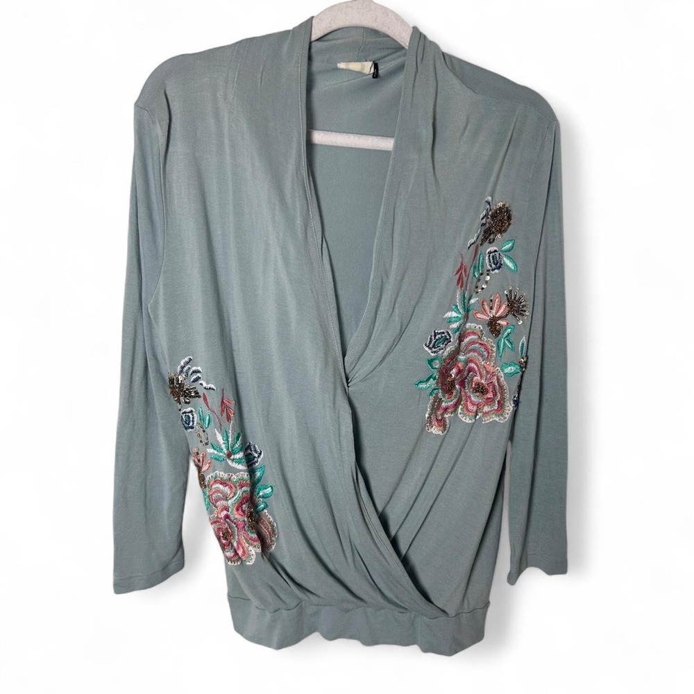 Akemi + Kin Sea Green Long Sleeve‎ V-Neck Embroidered Floral Blouse Top  small